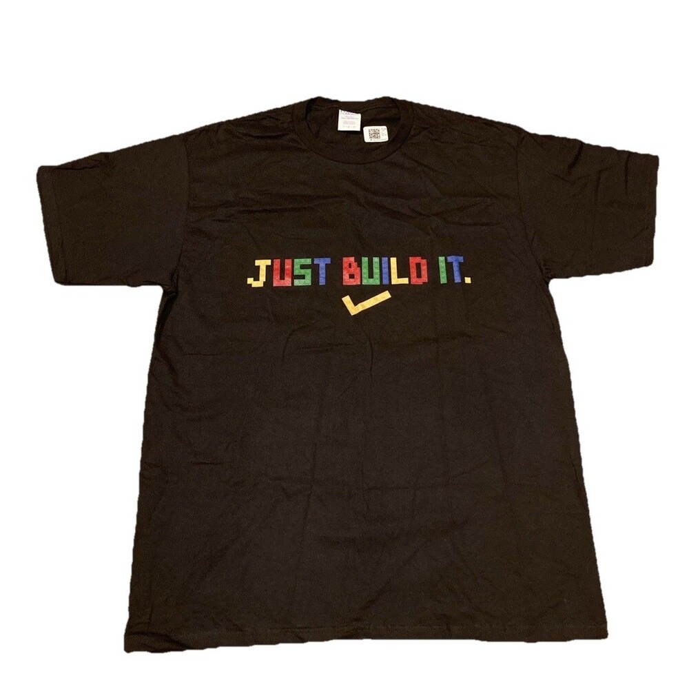 Mens L Building Block Brick T-Shirt Just Build It NEW Black Short Sleeve Graphic